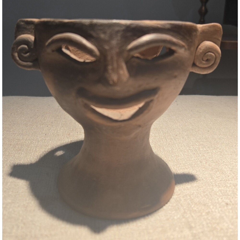 Vintage Terracotta Face Cup Vessel Smudge Bowl Pedestal Clay Chalice Smiling